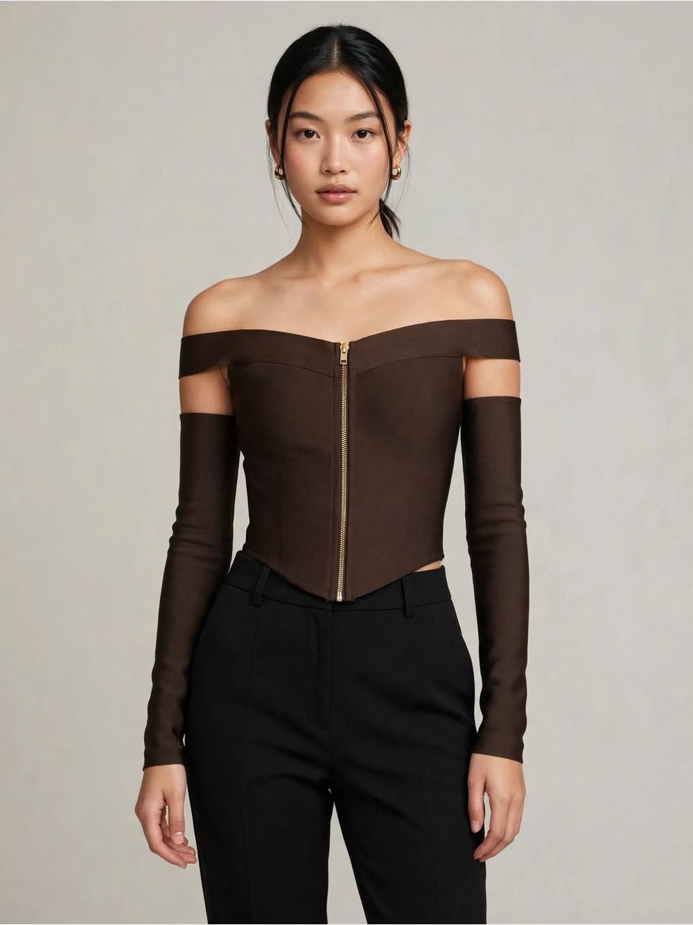 Nasty Gal Off-Shoulder Brown Zip-Front Women’s Top with sleeves